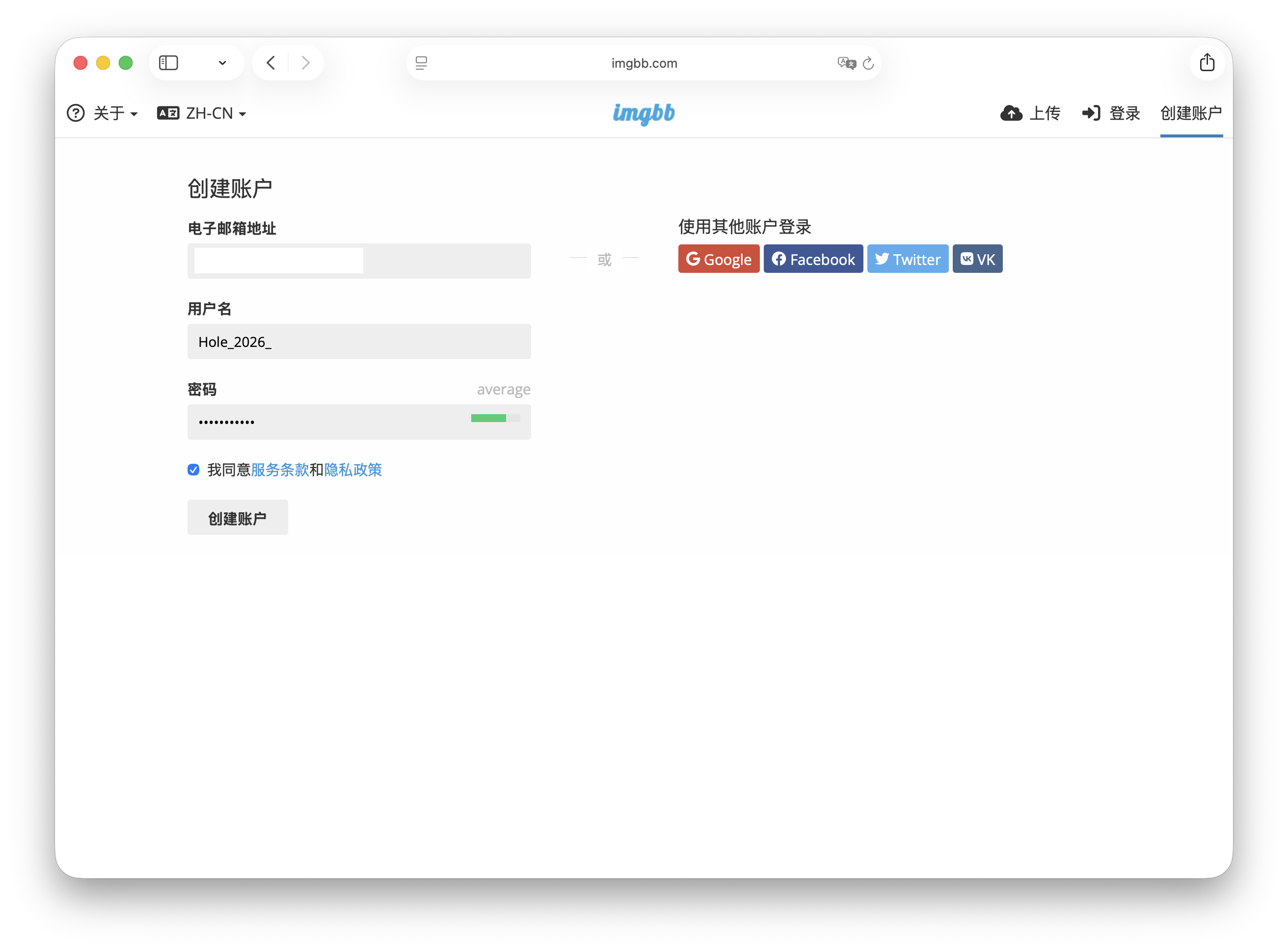 已填写完成的 ImgBB 注册表单