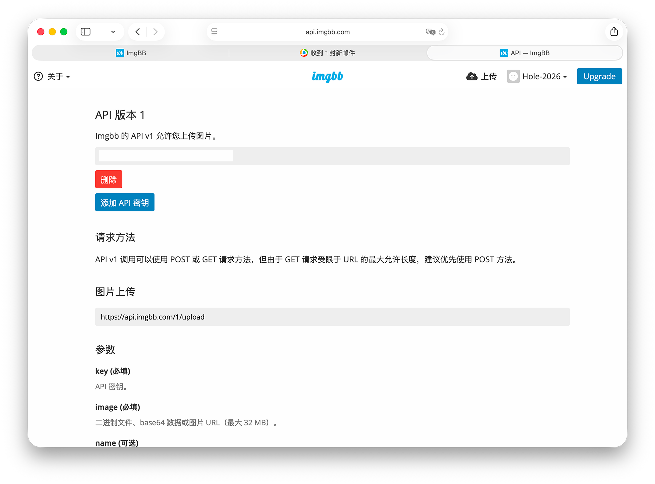 ImgBB API 页面中已生成的 API Key