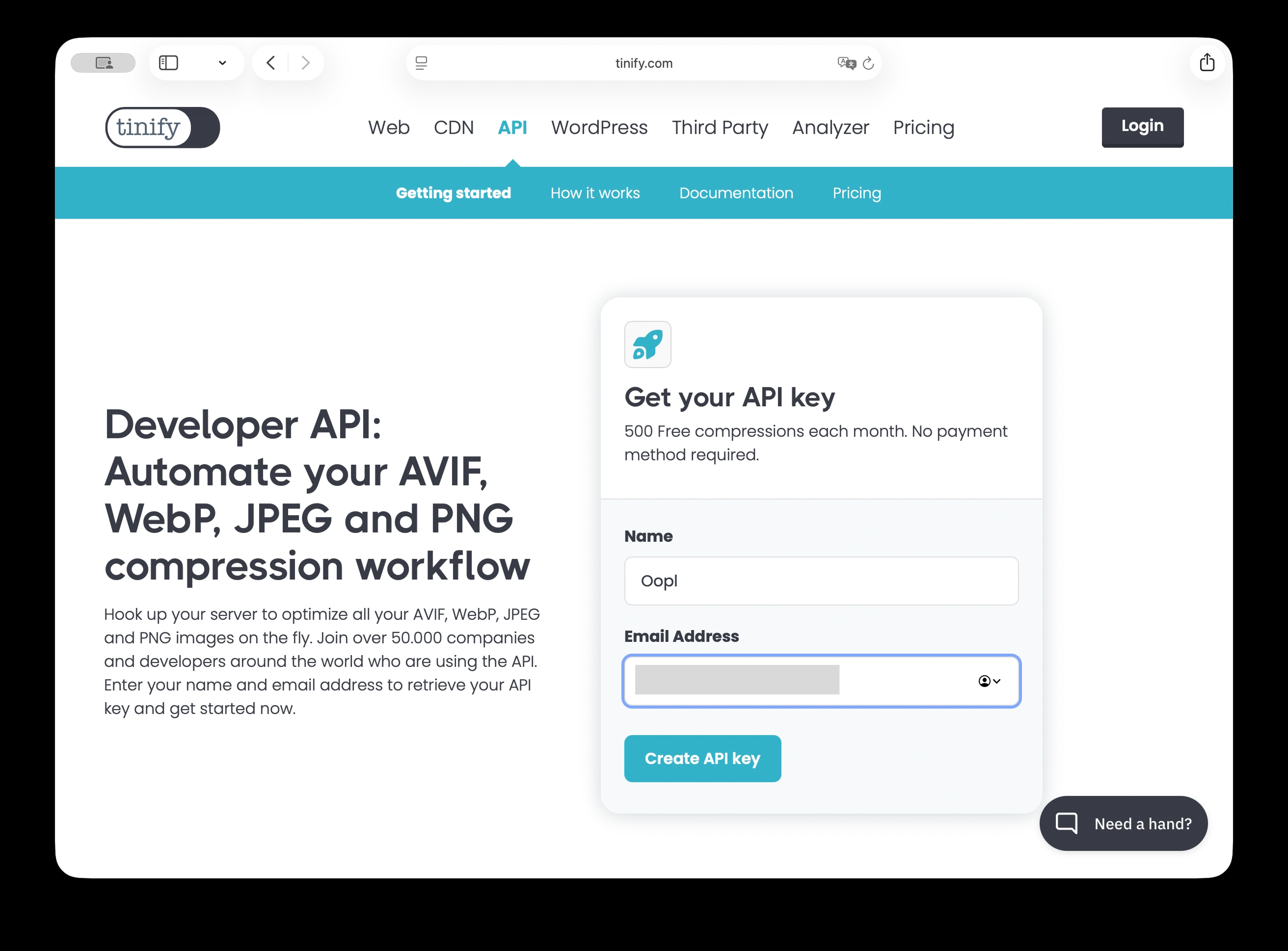 TinyPNG API 申请表单