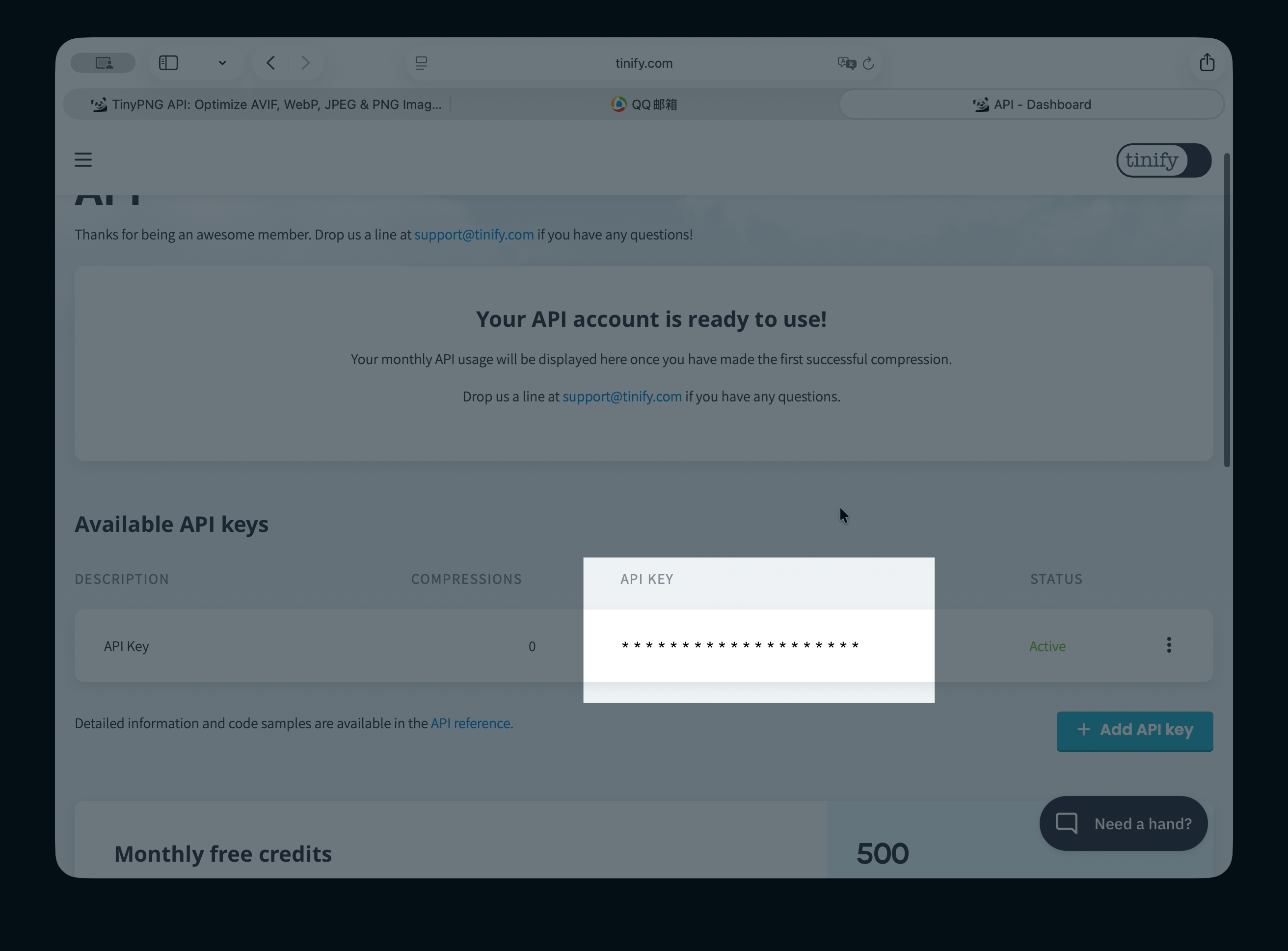 TinyPNG Dashboard 中的 API Key 列表