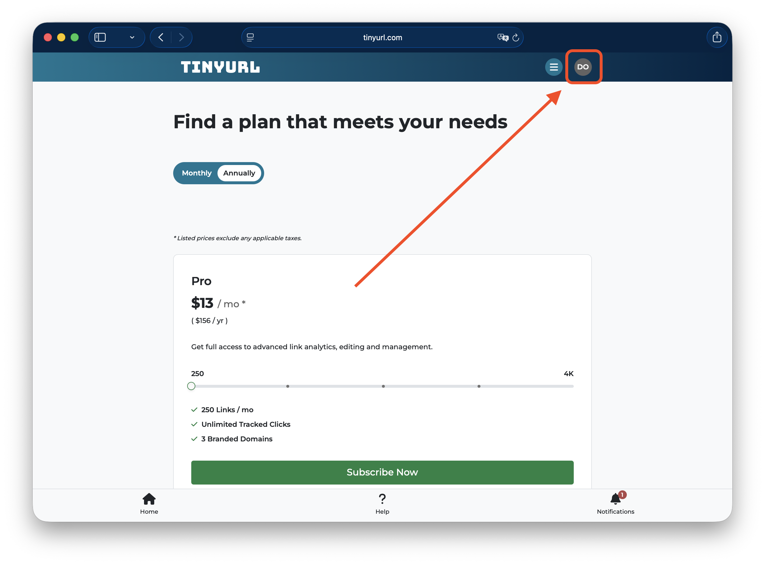 TinyURL 顶部的账户入口