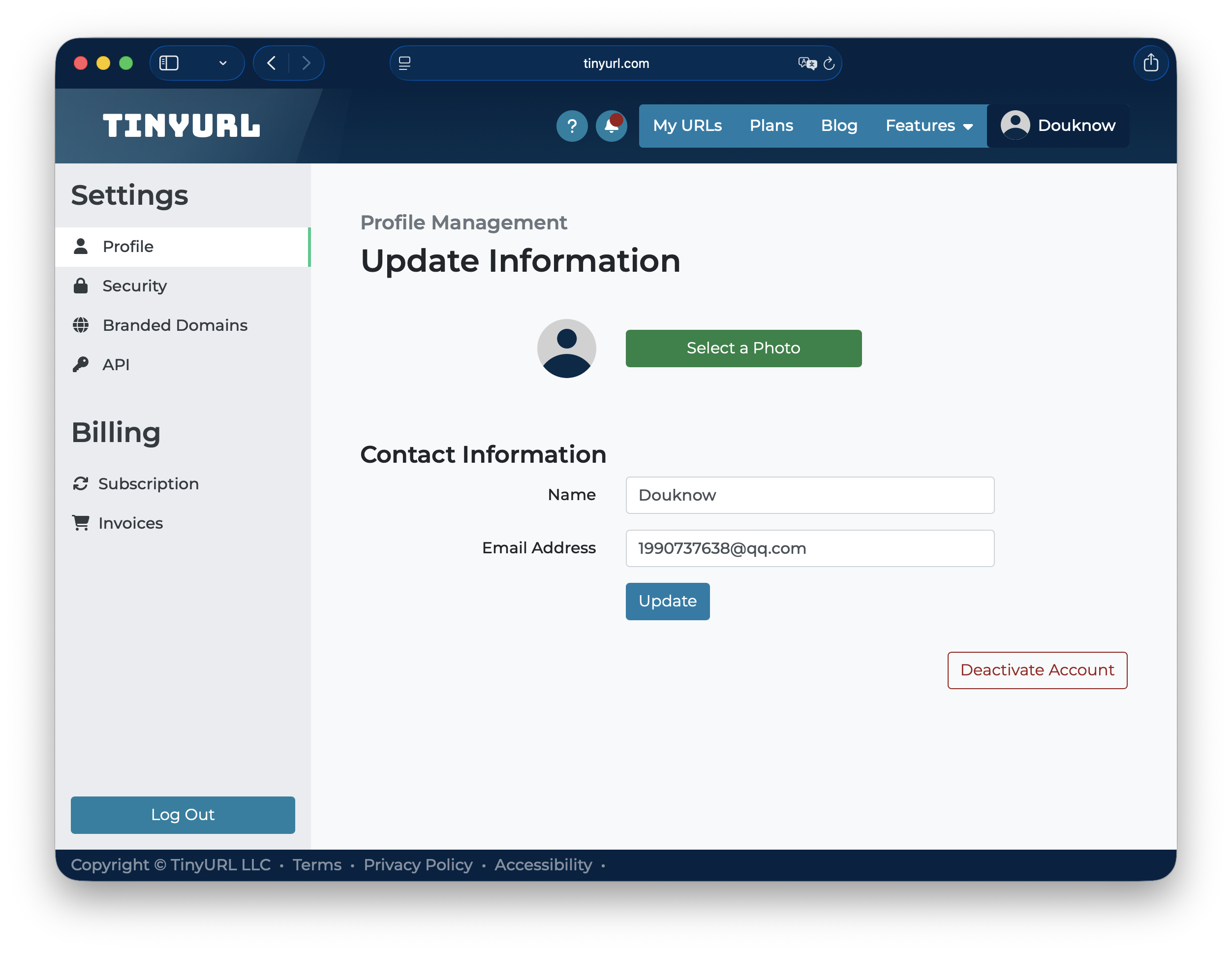 TinyURL 设置页中的 API 入口
